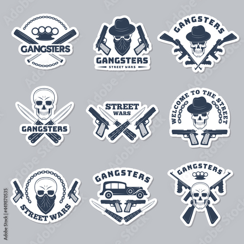 Mafia labels. Gangsta stylized symbols guns bandits and hooligans silhouettes recent vector monochrome badges