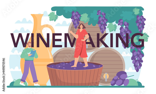 Winemaking typographic header. Grape wine in a wood barrel