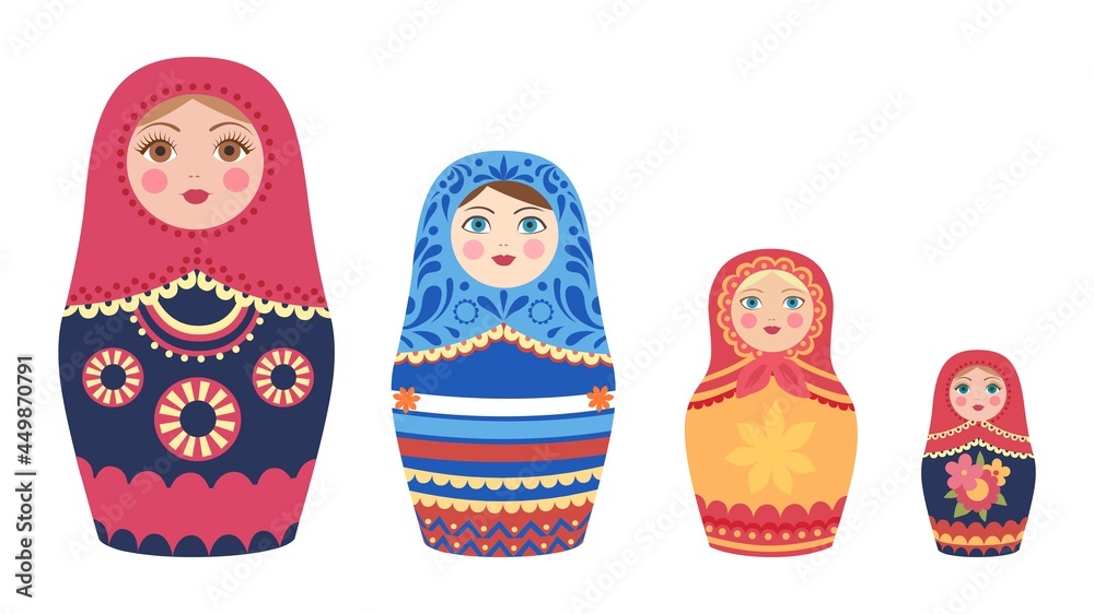 Decorative russian dolls. Matryoshka dolls, flat tourist souvenirs from Russia vector set