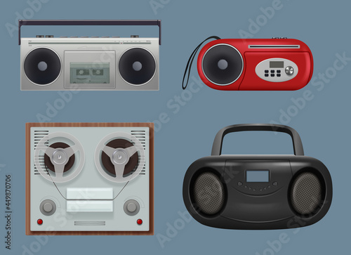 Recorders. Vintage realistic reel recorders sound machines with music tape 80s gadgets portable stereo receiver decent vector 3d illustrations