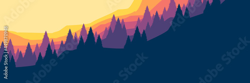 mountain forest landscape flat design vector illustration for wallpaper  background  backdrop design  template design and tourism design template 