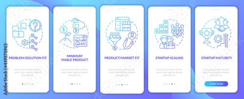 Startup lifecycle phases gradient onboarding mobile app page screen. Business launch walkthrough 5 steps graphic instructions with concepts. UI, UX, GUI vector template with linear color illustrations