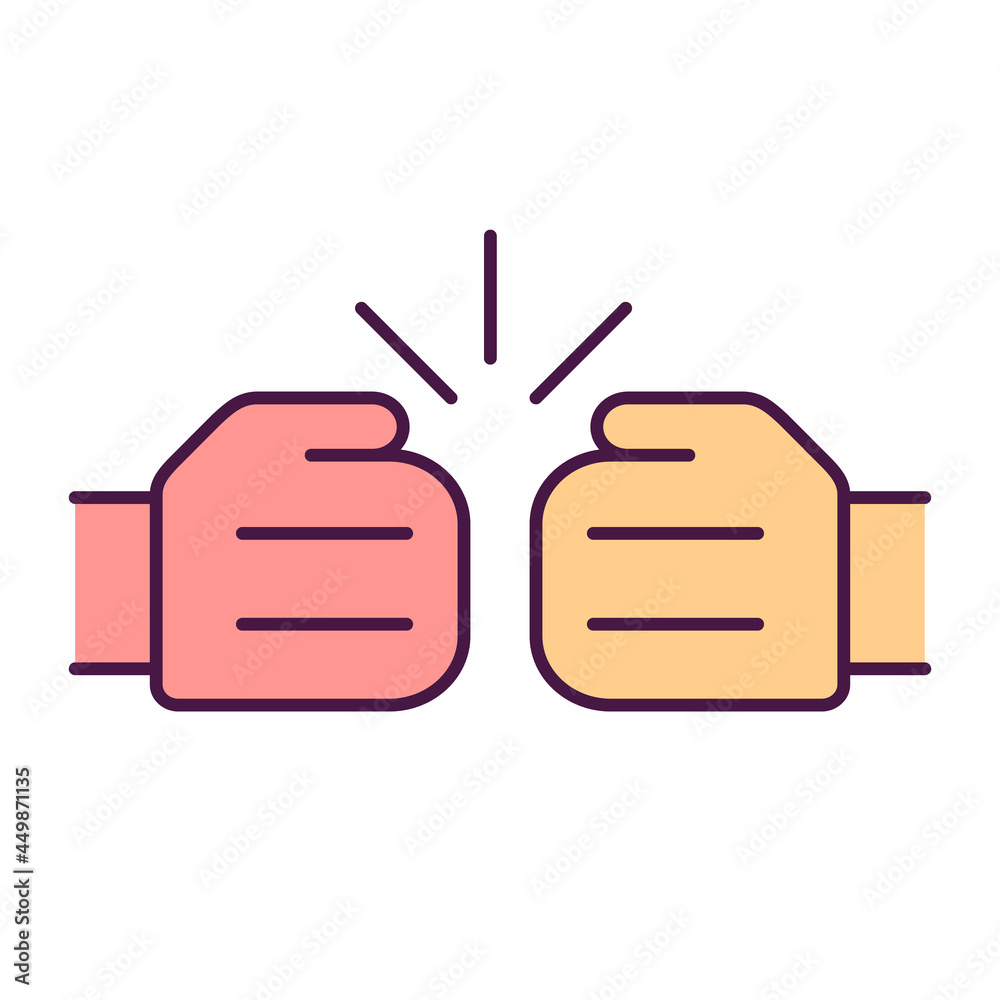 Rivalry sign RGB color icon. Fist punching each other. Struggle to win. Fighting opponents. Competition between rivals. Aggressive battle. Isolated vector illustration. Simple filled line drawing Rivalry sign RGB color icon. Fist punching each other. Struggle to win. Fighting opponents. Competition between rivals. Aggressive battle. Isolated vector illustration. Simple filled line drawing