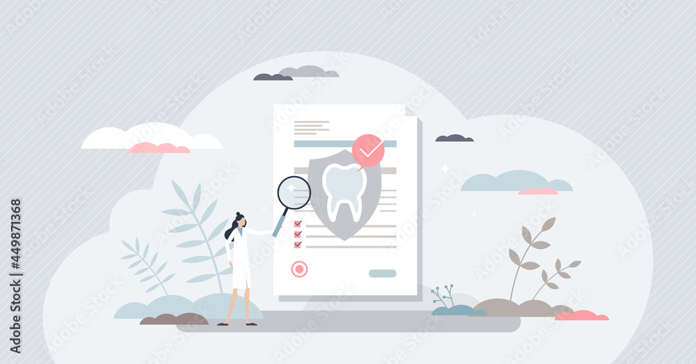 Dental insurance for tooth procedure bill cost coverage tiny person concept. Stomatology hygiene and care document with diagnosis and price form vector illustration. Financial security for dentist. - obrazy, fototapety, plakaty 