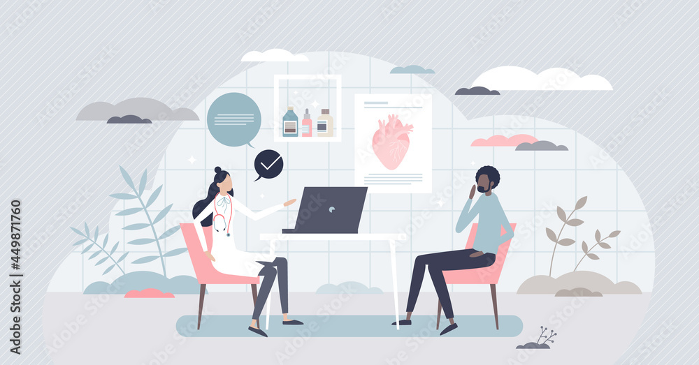 Consulting doctor and appointment at medical clinic room tiny person concept. Patient visit cardiology for health assistance, support or recommendation vector illustration. Diagnosis and examination.