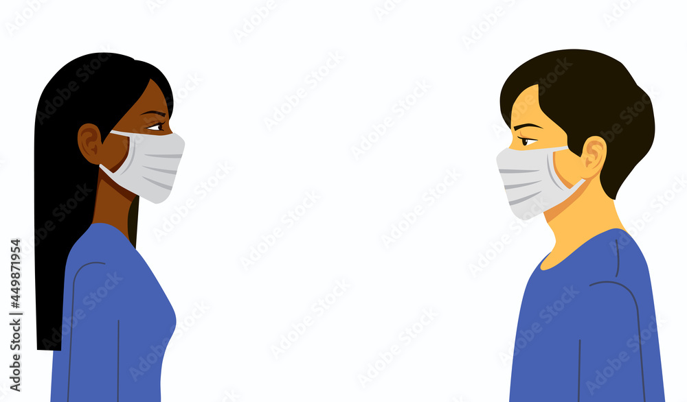 Man and Woman in medical face protection mask. Illustration for concepts of disease, sickness, allergies, pollution, coronavirus. Isolated vector illustration on white background. Man and Woman in medical face protection mask. Illustration for concepts of disease, sickness, allergies, pollution, coronavirus. Isolated vector illustration on white background.