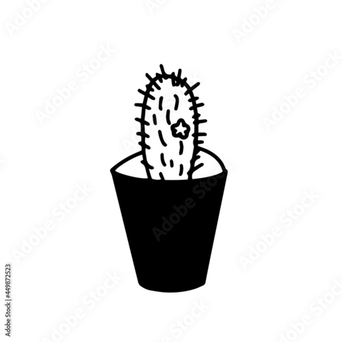 Vector doodle simple cactus in pot. Home decoration gardening. Black and white cacti plant. Design element  for typography and digital use.