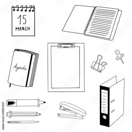Big set of doodle vector office stationary items.Document storage, work from home, learning, back to school. Isolated elements: calendar, planner,pushpin,binder,marker,pen,pencil,stapler,document clip