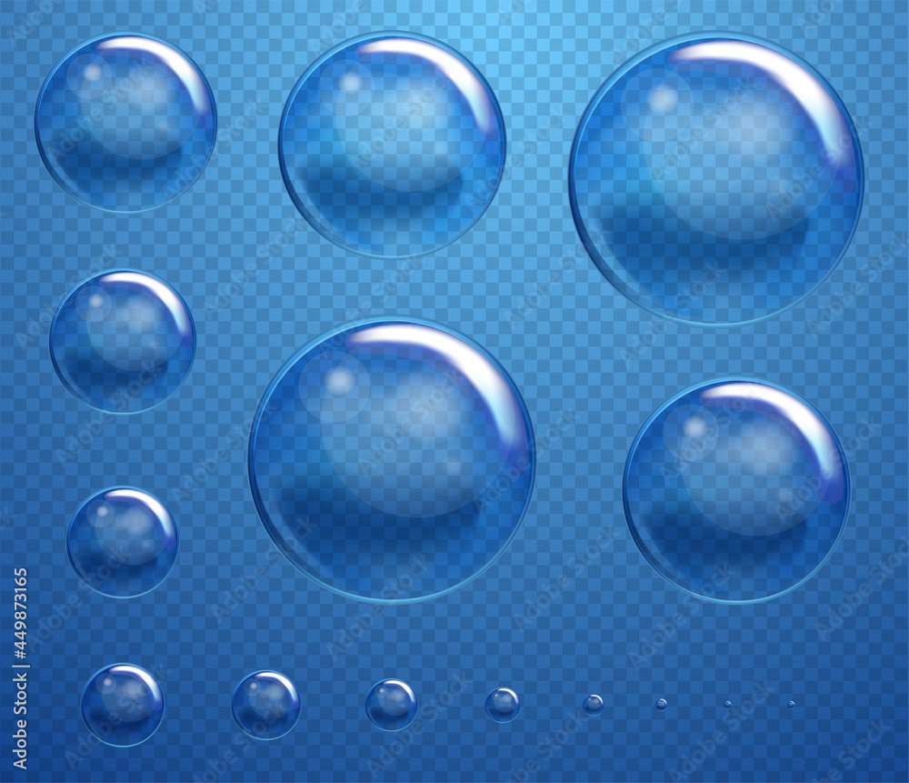 Vector Soap Water Bubbles Set. Transparent Isolated Realistic Design Elements. Can be used with any Background.