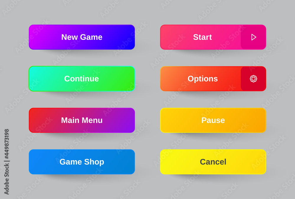 Set of Modern Gradient App, Website page or Game Buttons. Trendy gradient colors. Flat design. Set of Modern Gradient App, Website page or Game Buttons. Trendy gradient colors. Flat design.