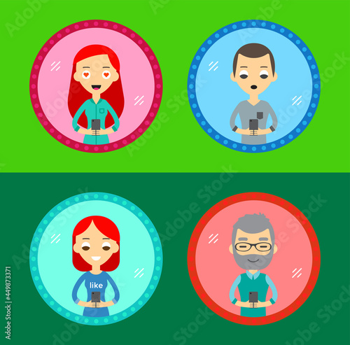 Set of Four Characters Icons with Device in the Hand. Take a selfie in the mirror with the Smartphone. Man and Woman.