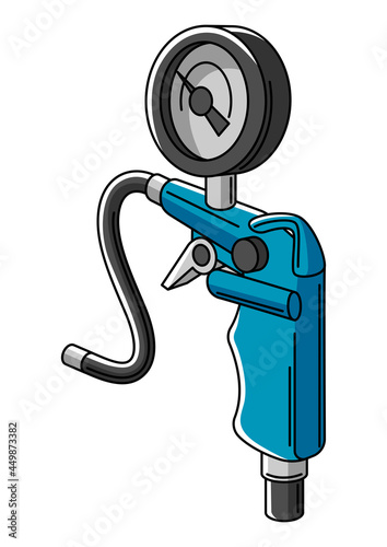 Illustration of car tire inflation pump. Auto center repair item. Business icon.