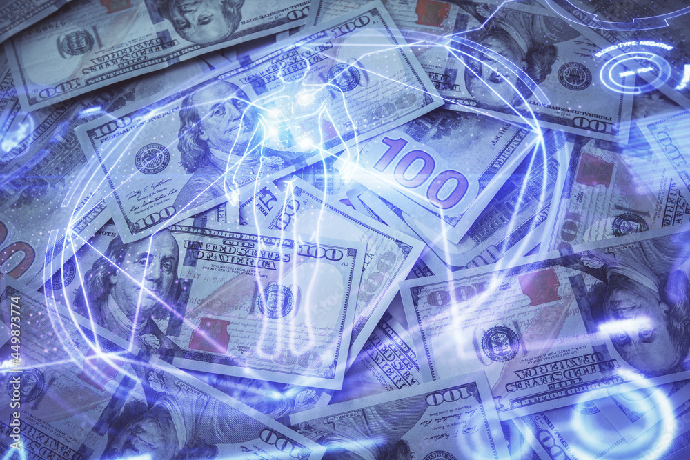 Double exposure of education theme drawing over usa dollars bill background. Concept of study. Double exposure of education theme drawing over usa dollars bill background. Concept of study.