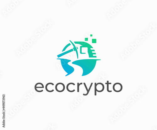 Blockchain meaning technology logo design. Renewable cryptocurrency mining vector design. Landscape with pickaxe and digital coin logotype