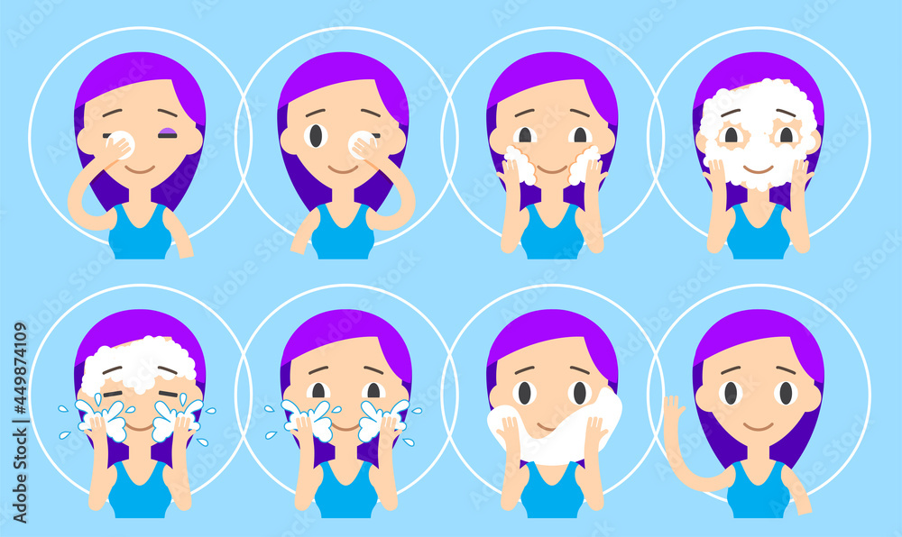 Face Cleaning And Care. Step-by-Step Actions Set.