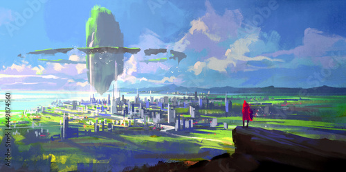 The crater floating above the city, 3D illustration.