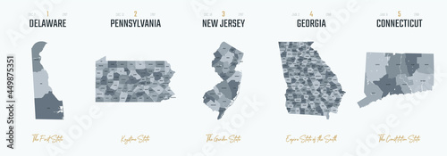 Vector set 1 of 10 Highly detailed silhouettes of US state maps, divided into counties with names and territory nicknames