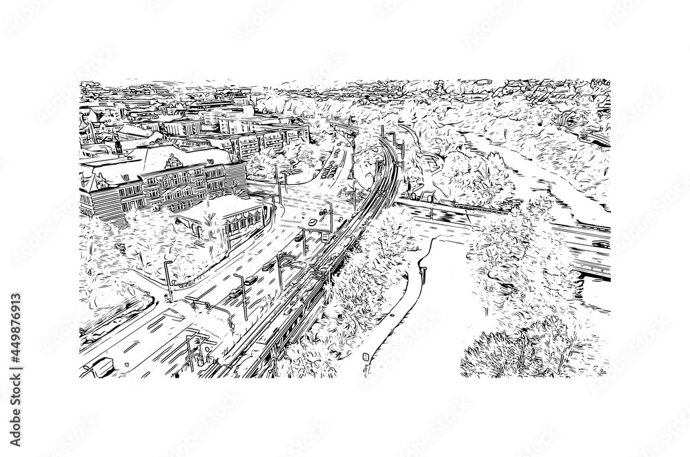 Building view with landmark of Jena is the 
city in Germany. Hand drawn sketch illustration in vector.