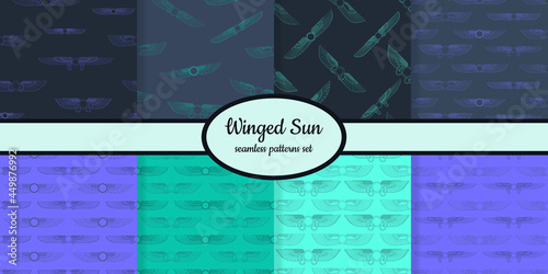 Collection of seamless patterns with ancient egyptian symbol Winged sun designed for web, fabric, paper and all prints 