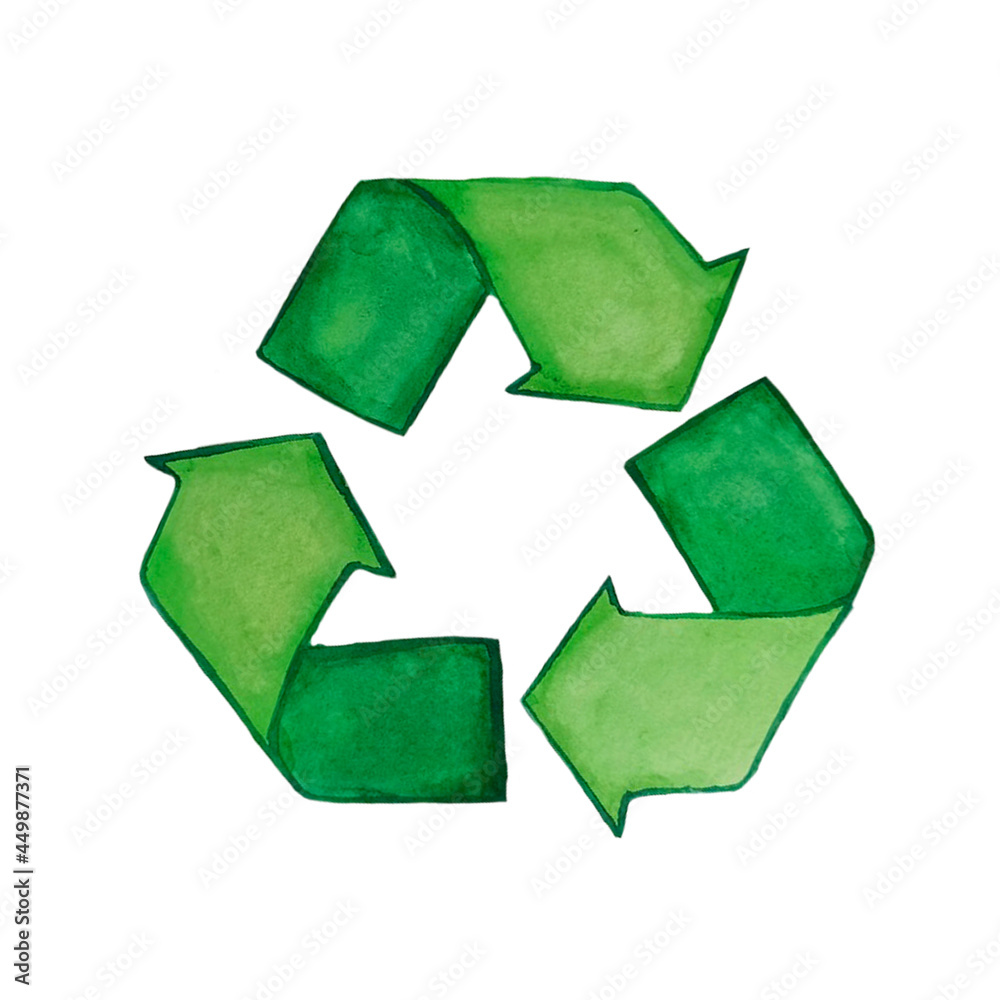 Obraz premium Watercolor recycling sign isolated on white background. Hand drawn reuse symbol for ecological design. Zero waste lifestyle.