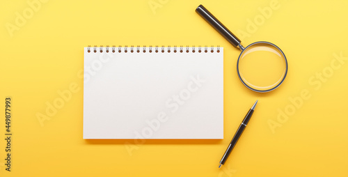 Magnifying Glass with Paper Notebook on yellow Background - 3D illustration