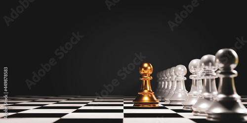 Golden pawn chess stepped out of line to leading black chess and show different thinking ideas. Business technology change and disruption for new normal concept.3d render