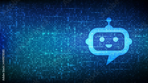 Robot chatbot head icon sign made with binary code. Chatbot assistant application. AI concept. Digital binary data and streaming digital code. Matrix background with digits 1.0. Vector Illustration. photo