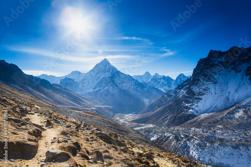 beautiful view of mount Ama Dablam and Khumbu valley with beautiful sky on the way to Everest base camp, Sagarmatha national park, Everest area, Nepal photo