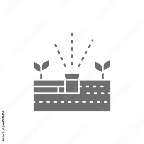 Vector plant irrigation, aquaponics system grey icon.