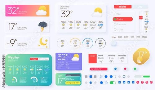User elements for weather mobile app. Widgets, quick access adaptive interface. Temperature, atmospheric pressure, weather condition user interface generator. Unique neumorphic ui ux design kit.