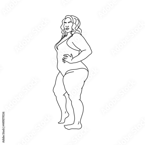 Fat woman. Body positive girl in swimsuit. Outline sketch. Overweight, plus size woman concept. Vector illustration.