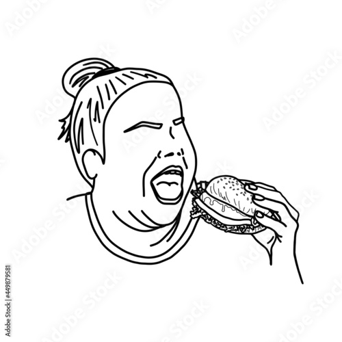 Fat woman eating burger. Outline sketch. Hungry girl with fast food. Vector illustration.