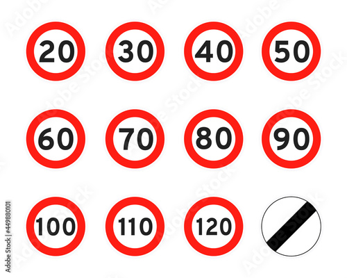 Speed limit 120, 110, 20, 30, 40, 50, 60, 70, 80, 90, 100, round road traffic icon sign flat style design vector illustration set isolated on white background. Circle standard road sign number kmh.