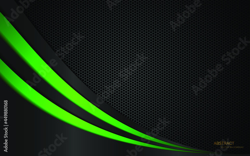 Abstract gray and green curves overlaid on dark steel mesh background with free space for design. modern technology innovation concept background