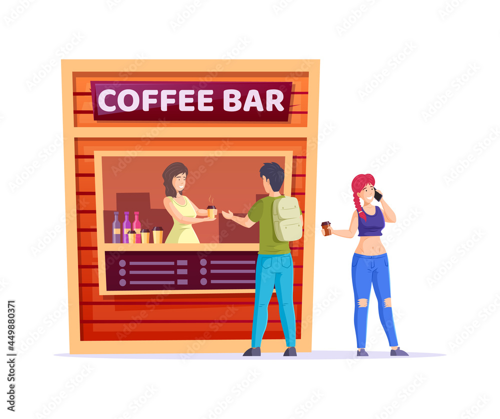 Street food kiosk marketplace. Outdoor trade local market with coffee bar. Ready takeaway meal cafe kiosks. Guy and girl in line for hot coffee