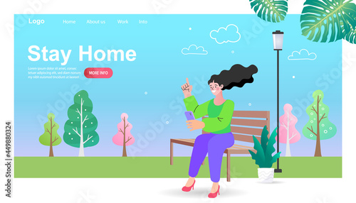 Girl using phone in park. Young women enjoying a high-tech lifestyle on fine days. Stay home banner template. chatting gadget. Mobile internet addiction. Trendy flat vector illustration