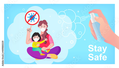 family wearing protective Medical mask for prevent virus Covid-19. Dad Mom Daughter wearing a surgical mask. Stay home concept. Family staying at home in quarantine. outbreak concept. Vector