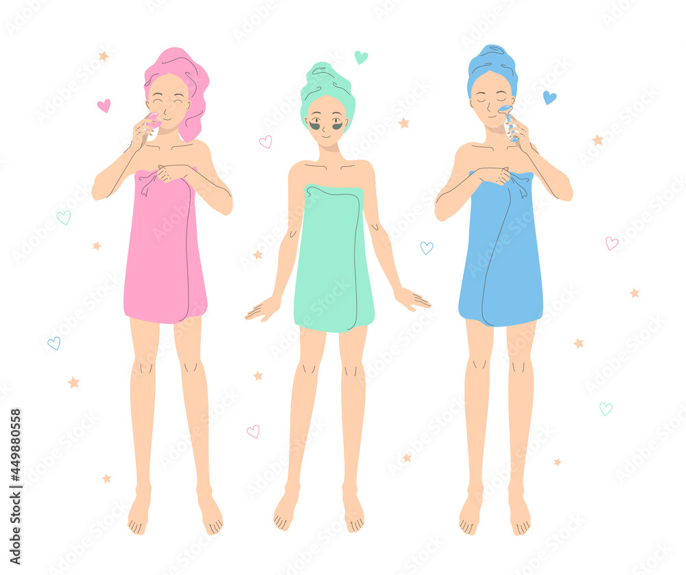 Cute girls in colorful towels after shower. Happy female standing and smiling making skin care procedures. Young women beauty routine treatment, home spa, bath and body works. Colorful flat cartoon. Cute girls in colorful towels after shower. Happy female standing and smiling making skin care procedures. Young women beauty routine treatment, home spa, bath and body works. Colorful flat cartoon.