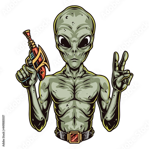 Colorful concept of alien holding gun blaster