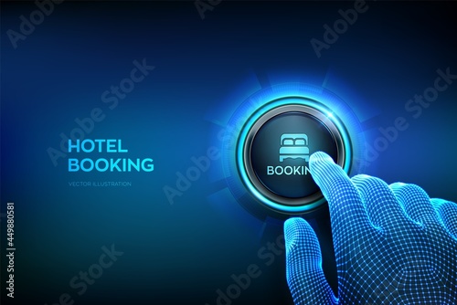 Hotel booking. Online Reservation. Mobile application for renting accommodations. Travel and tourism concept. Closeup finger about to press a button. Just push the button. Vector illustration.