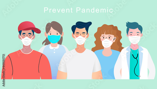 Air pollution and PM2.5 protection concept. A diverse group of people, including a doctor, wear protective face masks to prevent inhaling toxic dust and smog. Vector for a public health campaign.