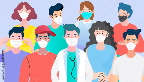 Group of diverse people and doctor wearing face masks for public health and safety. A vector concept for disease prevention, hygiene, or protection from air pollution and viruses.
