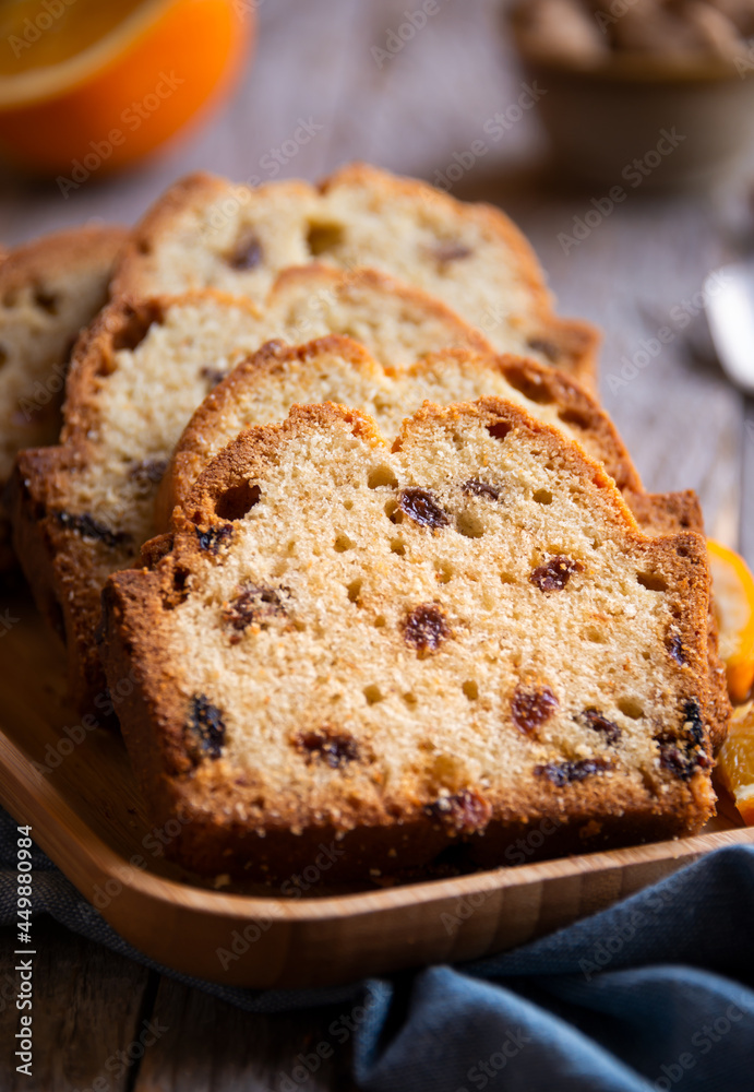 Sweet fruit cake with raisins, delicious baked dessert Sweet fruit cake with raisins, delicious baked dessert