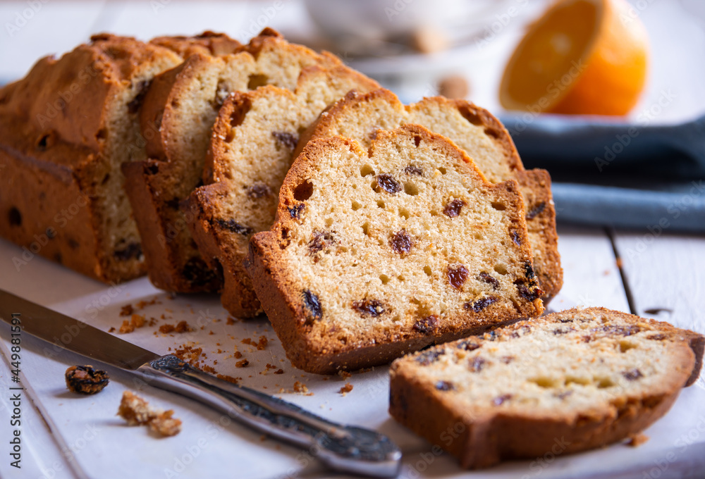 Sweet fruit cake with raisins, delicious baked dessert