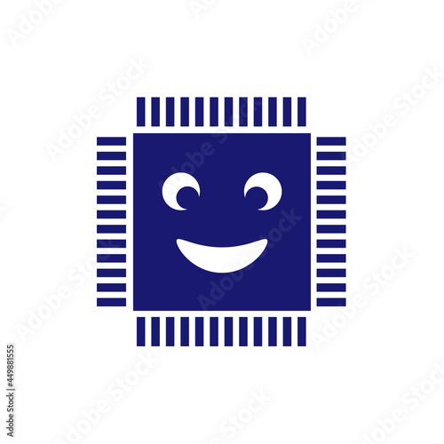 Integrated circuit icon isolated on white background. Lack, deficite of chips. Semiconductor manufacturing. Processor, microchip. Funny smile. Vector Illustration.