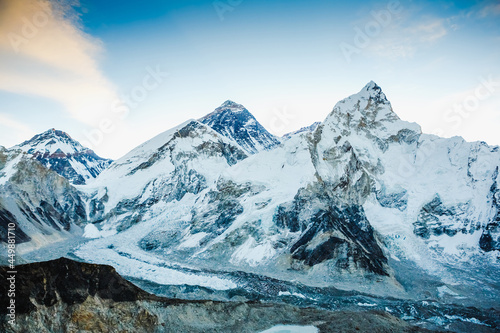 Mount Everest and Nuptse view in Sagarmatha National Park in the Nepal Himalaya photo