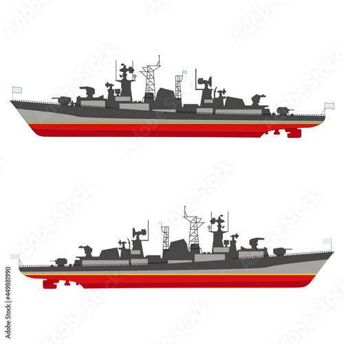 Set of the grey naval ship side view with and without the outline