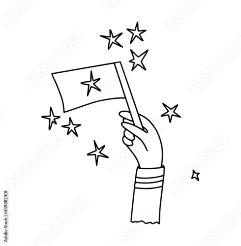 Human hand holding white flag with stars in outline, charity symbol for banner, logo, icon, poster. Social assistance and support, compassion. Vector illustration