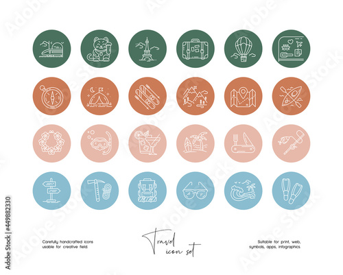 Set of hand drawn line art vector travel illustrations. Vector line icons set for social media story highlight covers.