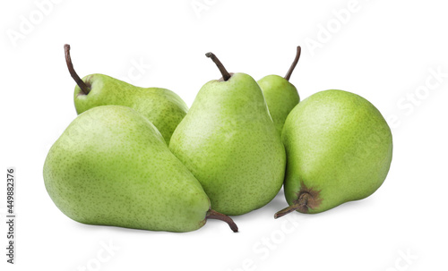 Heap of fresh ripe pears on white background